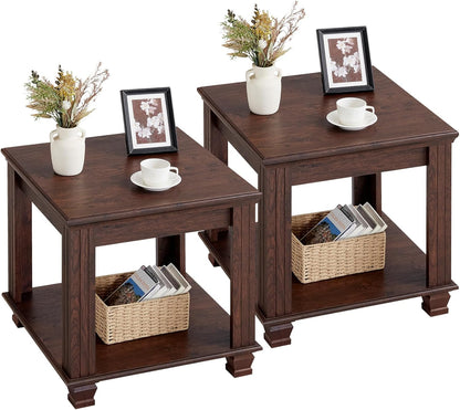 Farmhouse End Table Set of 2,Large Side Table with 2-Tier Storage Shelf,Rustic Brown End Tables for Living Room,Square Tea Table,Walnut