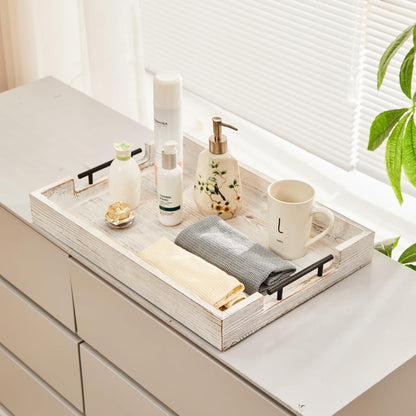 Ottoman Tray Large Serving Trays Farmhouse Decor Wooden Coffee Table Platter with Handles White Tray for Bed Kitchen Living Room 19 * 14Inch