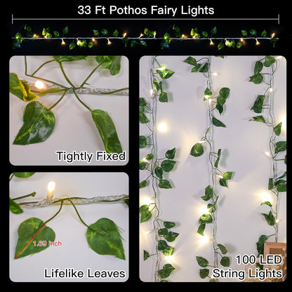 suddus Vine with Fairy Light Plug in, 33ft 100 LED Pothos String Lights Connectable with Remote, Leaf Lights for Bedroom, Room, Wall, Garden, Party, Wedding Decor (Warm White)