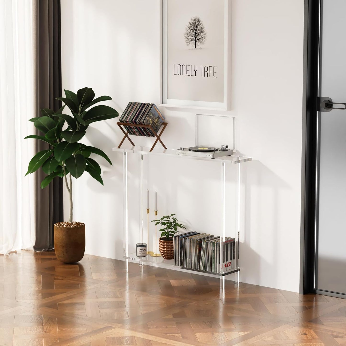 Sleek Modern 2-Tier Acrylic Console Table, 39.4" L x 7.6" W x 31.5" H - Entryway Table for Hallway, Living Room, Sofa Side, Small Spaces (Clear)