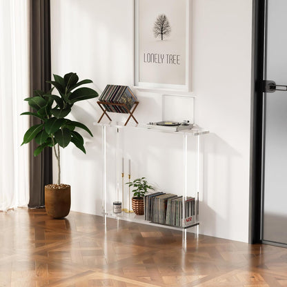 Sleek Modern 2-Tier Acrylic Console Table, 39.4" L x 7.6" W x 31.5" H - Entryway Table for Hallway, Living Room, Sofa Side, Small Spaces (Clear)