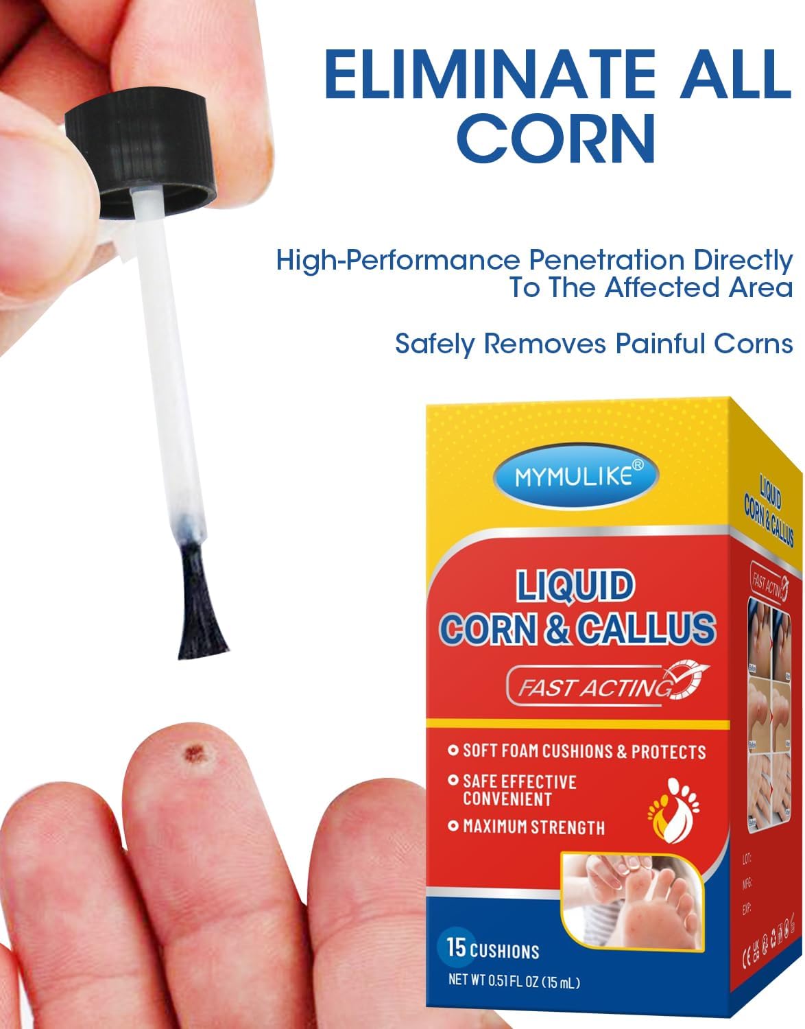 Liquid Corn Remover, Corn Removers for Toes, Fast Acting, Safe Removes Corns Fast Extra Strength for Kids and Adults, 15ml Liquid with 15PCS Cushions 10PCS Swabs (15ML*1)
