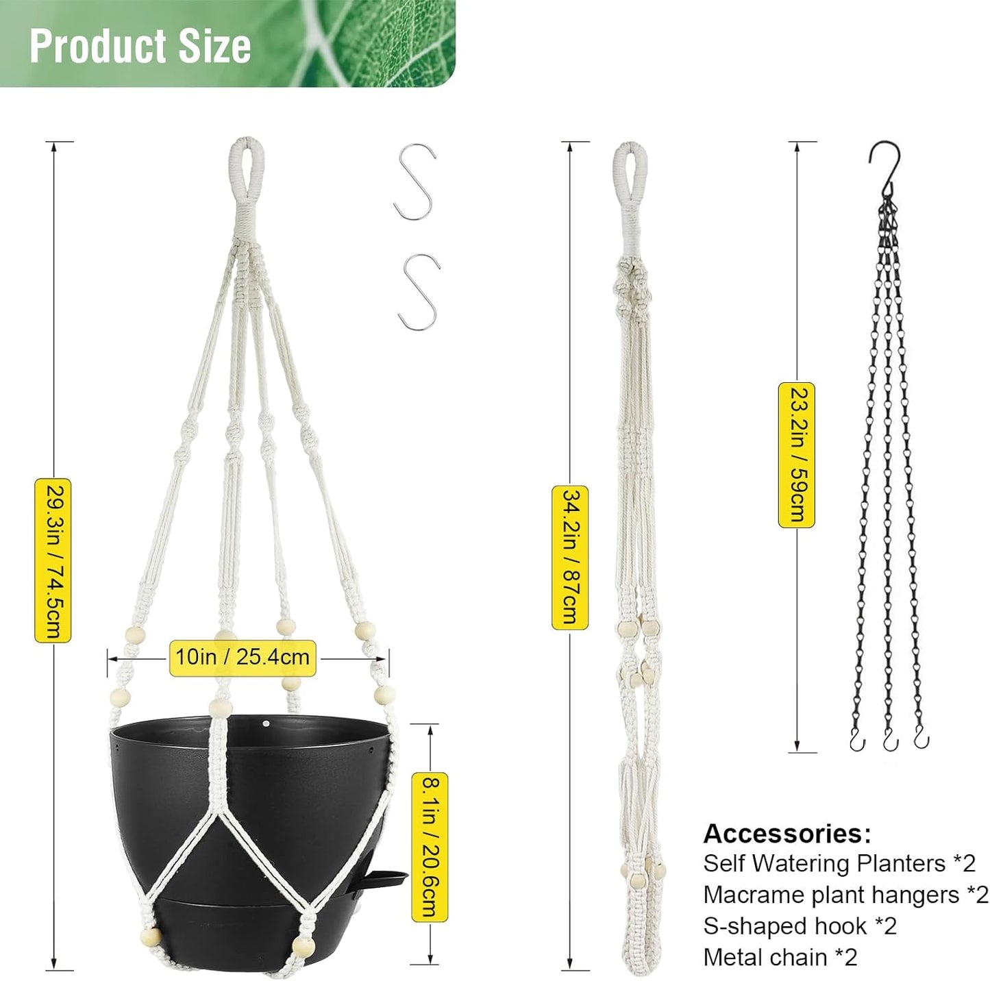 10 inch Self Watering Hanging Planters, 2 Pack Hanging Baskets for Indoor Outdoor Plants, Hanging Flower Pots with Drainage Holes & 2 Kinds of Plant Hangers for Garden Home Decor, Black