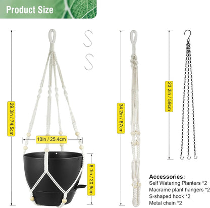 10 inch Self Watering Hanging Planters, 2 Pack Hanging Baskets for Indoor Outdoor Plants, Hanging Flower Pots with Drainage Holes & 2 Kinds of Plant Hangers for Garden Home Decor, Black