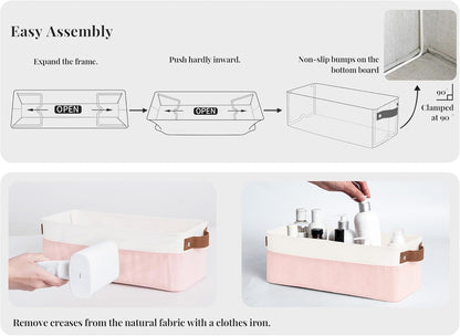StorageWorks Narrow Storage Bins, Small Basket for Closet and Shelves, Fabric Organizer with Handles, Toilet Paper Storage, Pink and White, 2-Pack