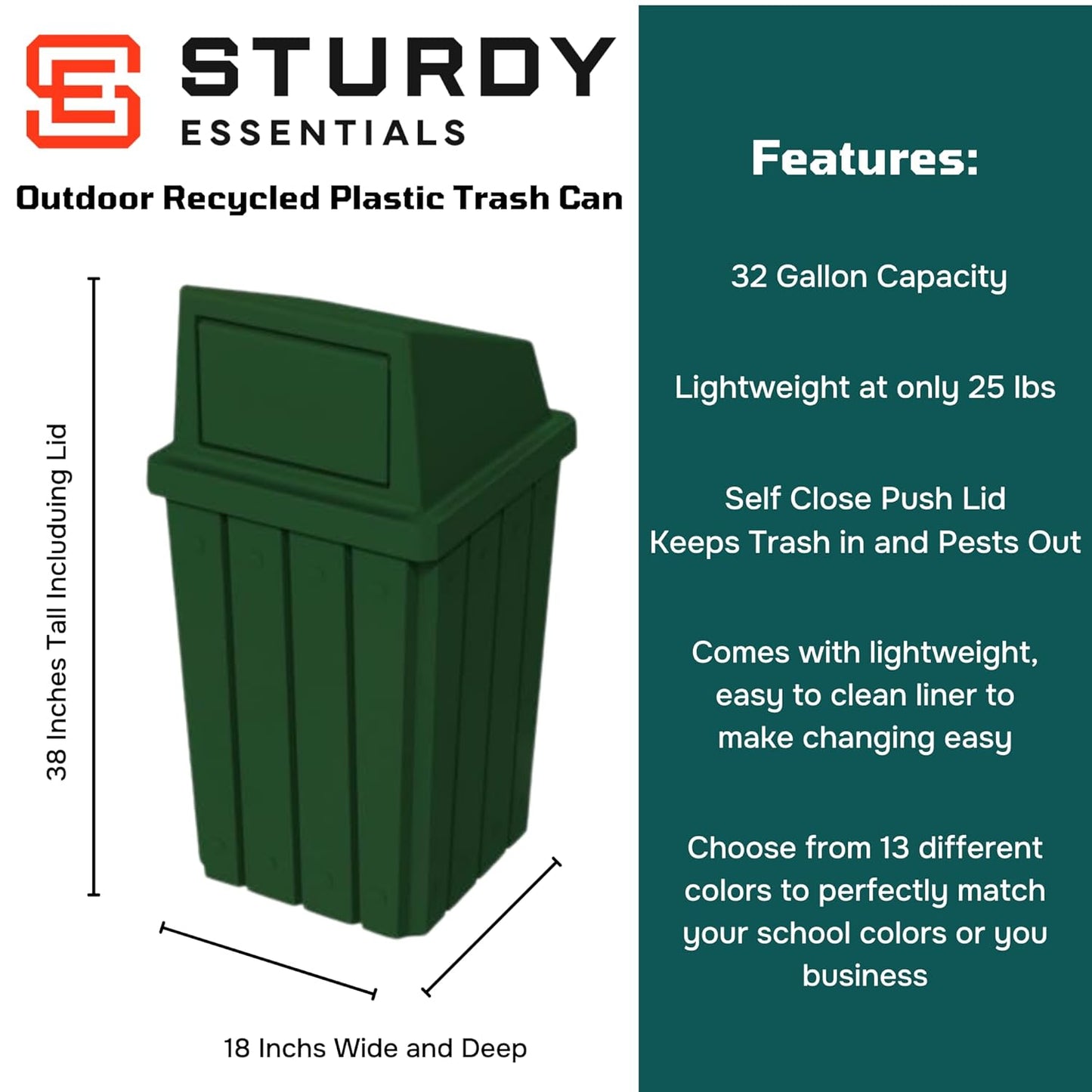 32 Gallon Square Slatted 100% Recycled Plastic Heavy-Duty Commercial Outdoor or Indoor Trash Can with Push Top Lid | Great for Schools and Businesses - Green