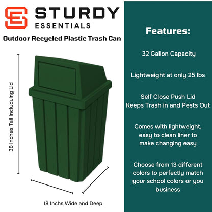32 Gallon Square Slatted 100% Recycled Plastic Heavy-Duty Commercial Outdoor or Indoor Trash Can with Push Top Lid | Great for Schools and Businesses - Green