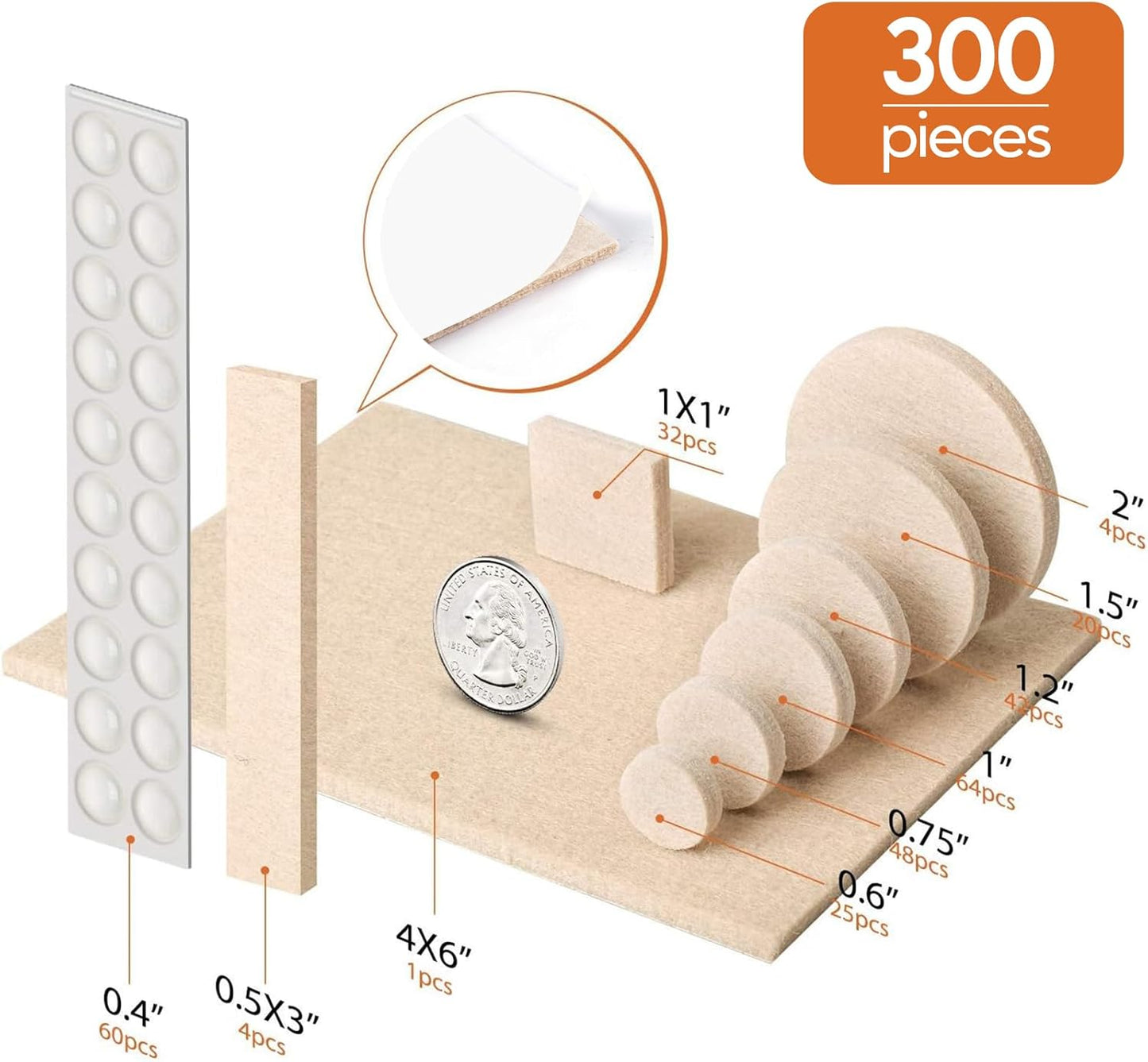 Furniture Pads 300 Pack Premium Furniture Felt Pads (Beige), Huge Quantity Self Adhesive Anti Scratch Floor Protector for Furniture Legs Hardwood with 60 Cabinet Door Bumpers