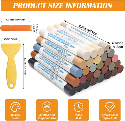 30+2P Wood Filler Sticks, Windspeed 30 Colos Wood Filler Putty Wax Crayons Furniture Repair Kit Putty Stick for Baseboard Cabinets Furniture Floors(with 2 Scrapers)