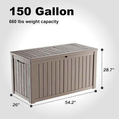 DRATO 150 Gallon Outdoor Storage Box, Large Waterproof Deck Box, Lockable Resin Storage Container with Reinforced Support for Patio Cushions, Garden Tools, UV-Resistant Outdoor Chest