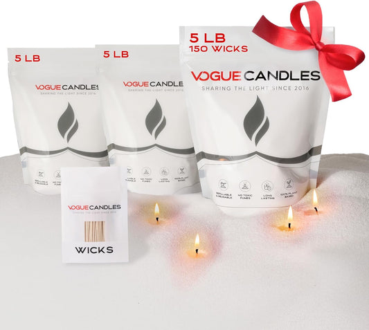 Vogue Candles 3-Pack 5 LB Refillable White Pearled Candle Sand – 15 LB Value Bundle with 150 Reusable Wicks - Bulk Plant-Based Candle Granules