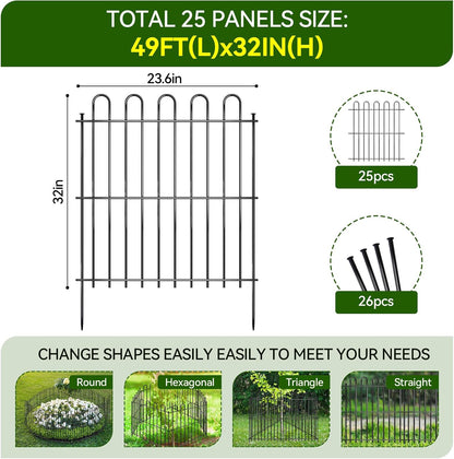 25 Panels Decorative Garden Fence, 50ft X 32in Rustproof Metal Animal Barrier Fence, No Dig Fence Garden Fence, Arched Flower Bed Edging Ornamental Wire Border Fencing for Outdoor Yard, Patio Decor