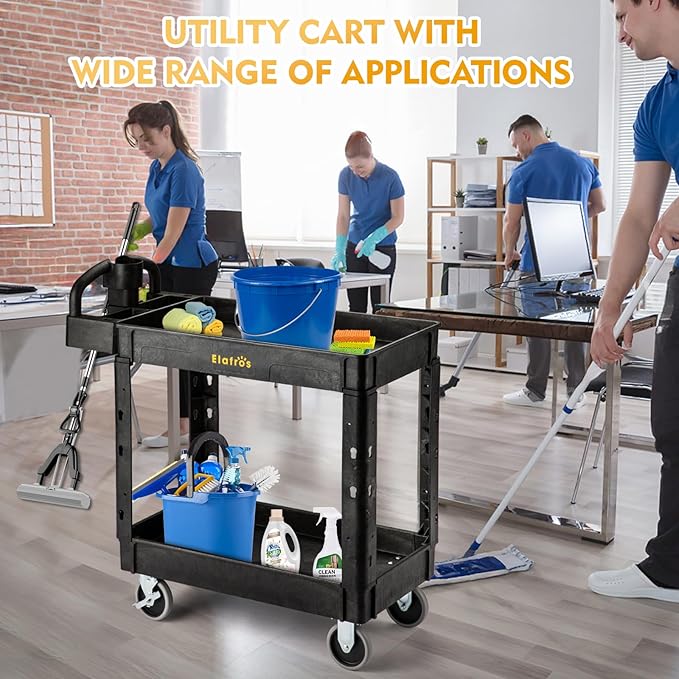 ELAFROS Utility Cart with Ergonomic Handle and Built-in Tool Compartments - 37.5" x 17" Work Cart W/Deep Shelves Safely Holds up to 550 lbs - 2 Tier Rolling Cart,Black