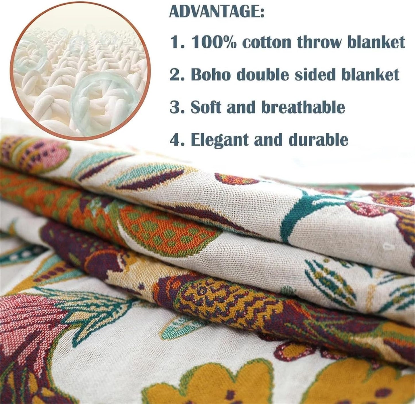 MSGKV Boho Throw Blanket for Bed Couch,100% Cotton Blankets 80''x 90'', Reversible Versatile Muslin Blanket, Super Soft Warm Boho Bedding Blankets
