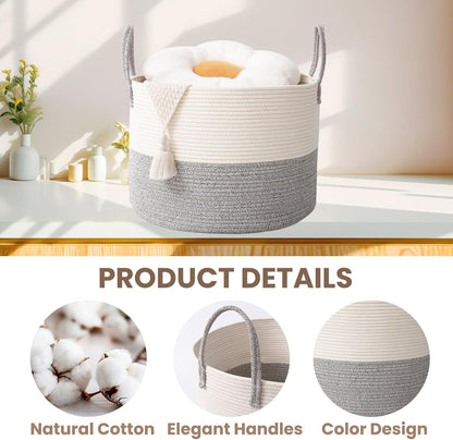 Woven Blanket Basket,65L Large Rope Storage Bin with Handles, Organizer for Blankets Toys Book and Clothes, Laundry Basket for Living Room Bedroom Nursery,White&Grey