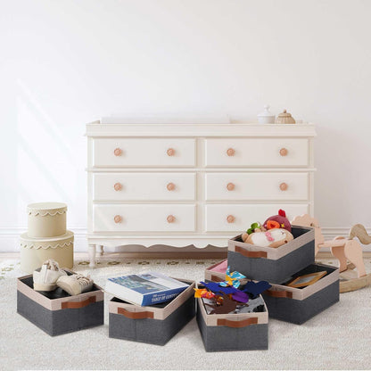 GhvyenntteS Small Fabric Storage Bins 6 Pack, 11.8" x 7.87" x 5.11" Storage Basket with Leather Handles, Closet Storage Bins for Shelves, Storage Baskets for Shelves, DVD Storage (Grey/Beige Yellow)