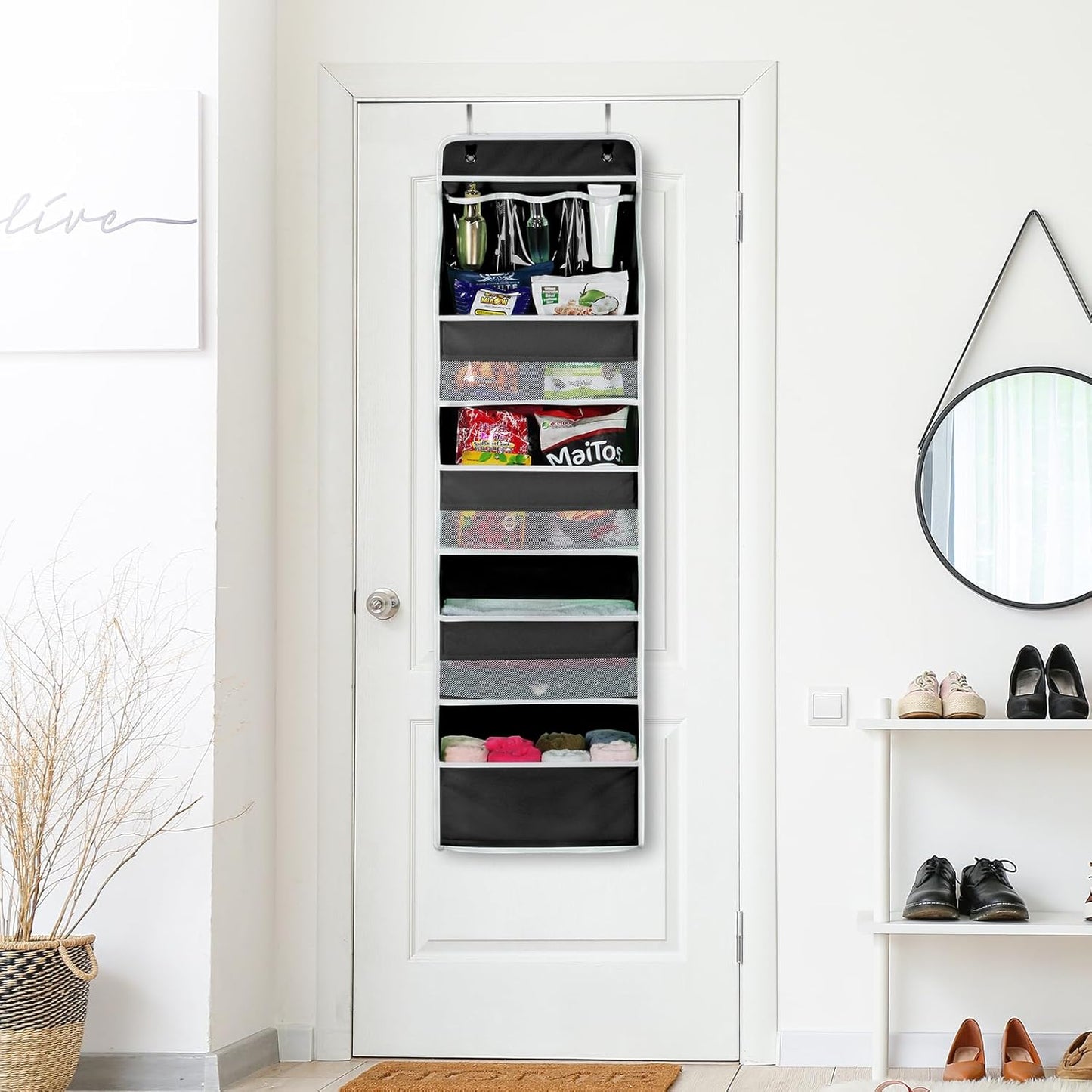 Univivi 5-Shelf Fabric Door Storage Over Door Hanging Organizer with 4 Large Pockets and 3 Small PVC Pockets Nursery Closet Cabinet Wall Mount Hanging Storage Organizers for Baby Nursery (Black)