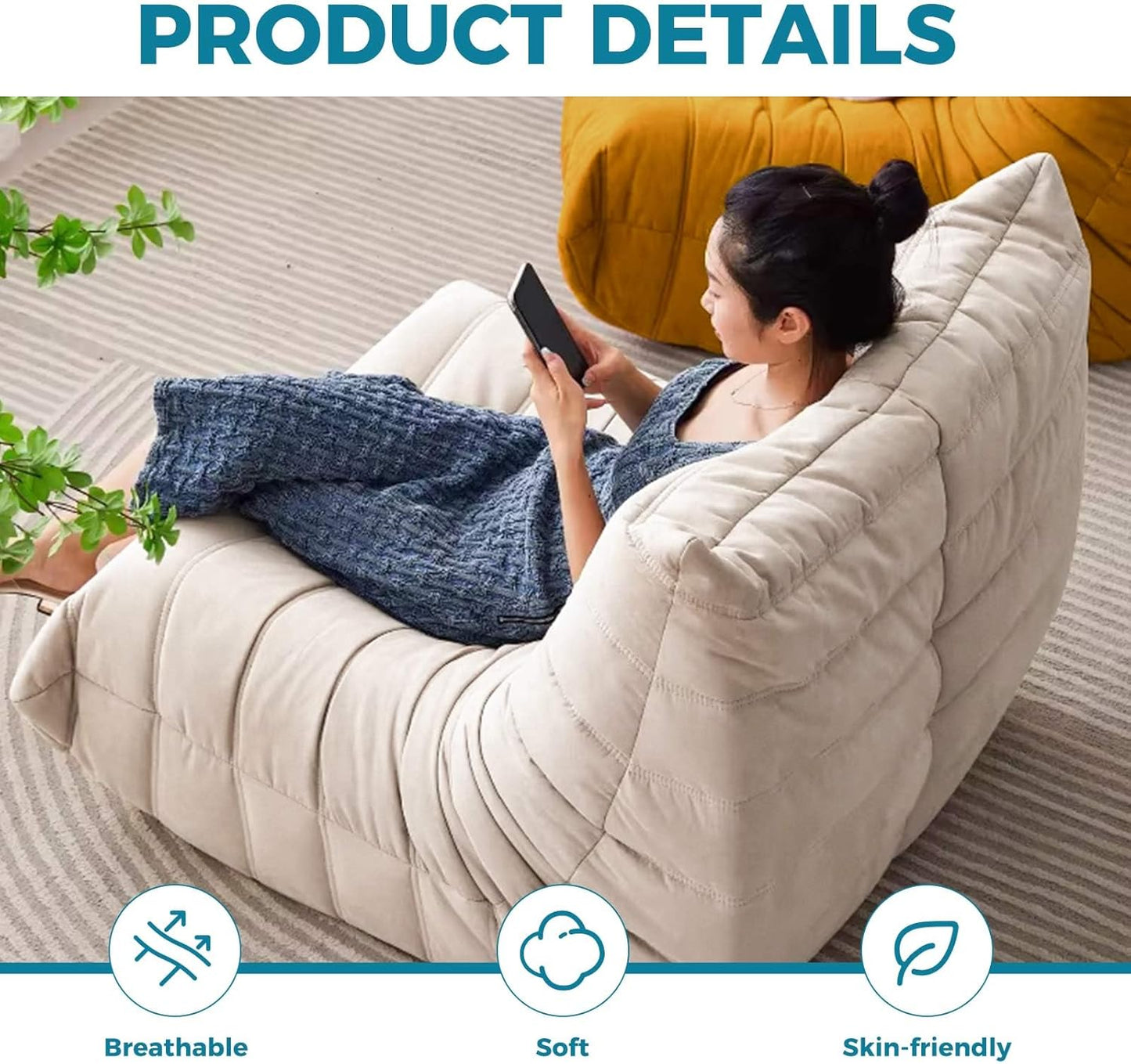 Modern Living Room Chair, Big Bean Bag Adult Floor Sofa, Togo Recliner Memory Foam Lazy Couch Suitable Balcony for Fireside Chair (Apricot Color)