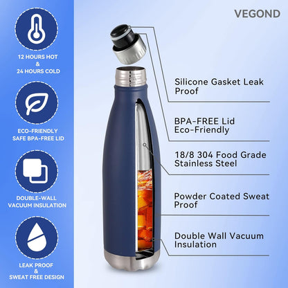 VEGOND 17oz Stainless Steel Water Bottles, Reusable Metal Sports Water Bottle Keeps Drink Hot and Cold, BPA Free Double Wall Vacuum Cola Shape Insulated Water Bottle for Camping Gym, 1 Pack