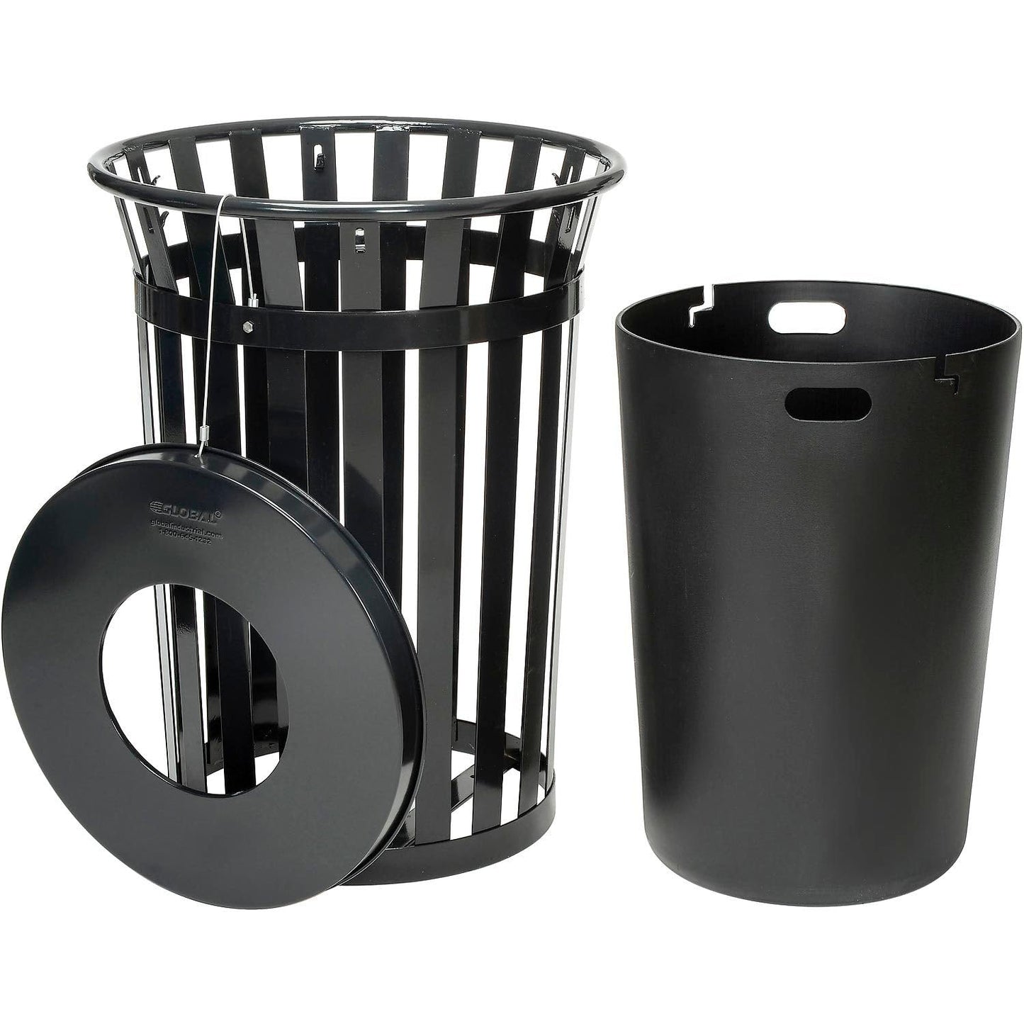 Global Industrial 36 Gallon Outdoor Slatted Steel Round Trash Can with Flat Lid, Plastic Liner & Anchor Kit Included, 28" W x 36" H, Commercial & Industrial Trash Can, Black