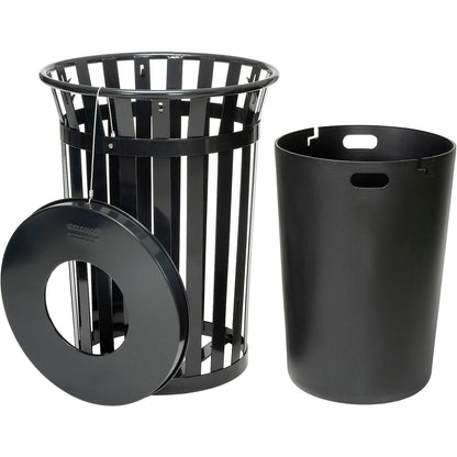 Global Industrial 36 Gallon Outdoor Slatted Steel Round Trash Can with Flat Lid, Plastic Liner & Anchor Kit Included, 28" W x 36" H, Commercial & Industrial Trash Can, Black