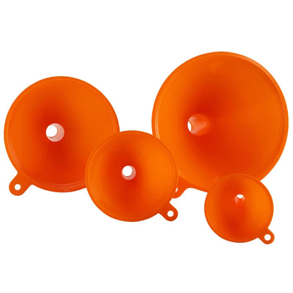 Oil Funnel Set (Orange, 4-Pack) – Plastic Funnels for Automotive Use – Funnels for Kitchen Use Filling Bottles and containers – Funnel for Water Bottles, Gas, Car Oil, Lubricants and Fluids