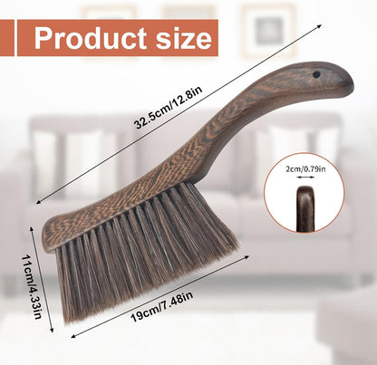 Hand Broom Brush, Wooden Handle Soft Bristle Cleaning Dust Brush,Bench Brushes with Bristlesfor Furniture, Bed, Car, Bench, Crevice Cleans, Sofa, Fireplace, Clothes（Curved Handle）