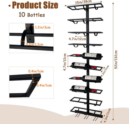 10 Bottle Wall Mount Wine Rack with Wine Glass Holder, Metal Wine Wall Rack, Wall Racks for Wine Bottles Display and Storage, Hanging Bottle Organizer for Living Dining Room Wine Cellar Bar (Black)