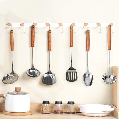 FJNATINH Stainless Steel Kitchen Utensils Set with Wood Handle Nonstick Stainless Steel Cooking Utensils Set with Turners,Spatula,Ladle,Skimmer,Solid Spoon,Pasta