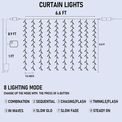 FUNPENY Window Curtain String Lights, 300 LED 8 Lighting Modes Fairy Lights USB Powered, Waterproof Lights for Christmas Bedroom Party Wedding Home Garden Wall Decorations (White)