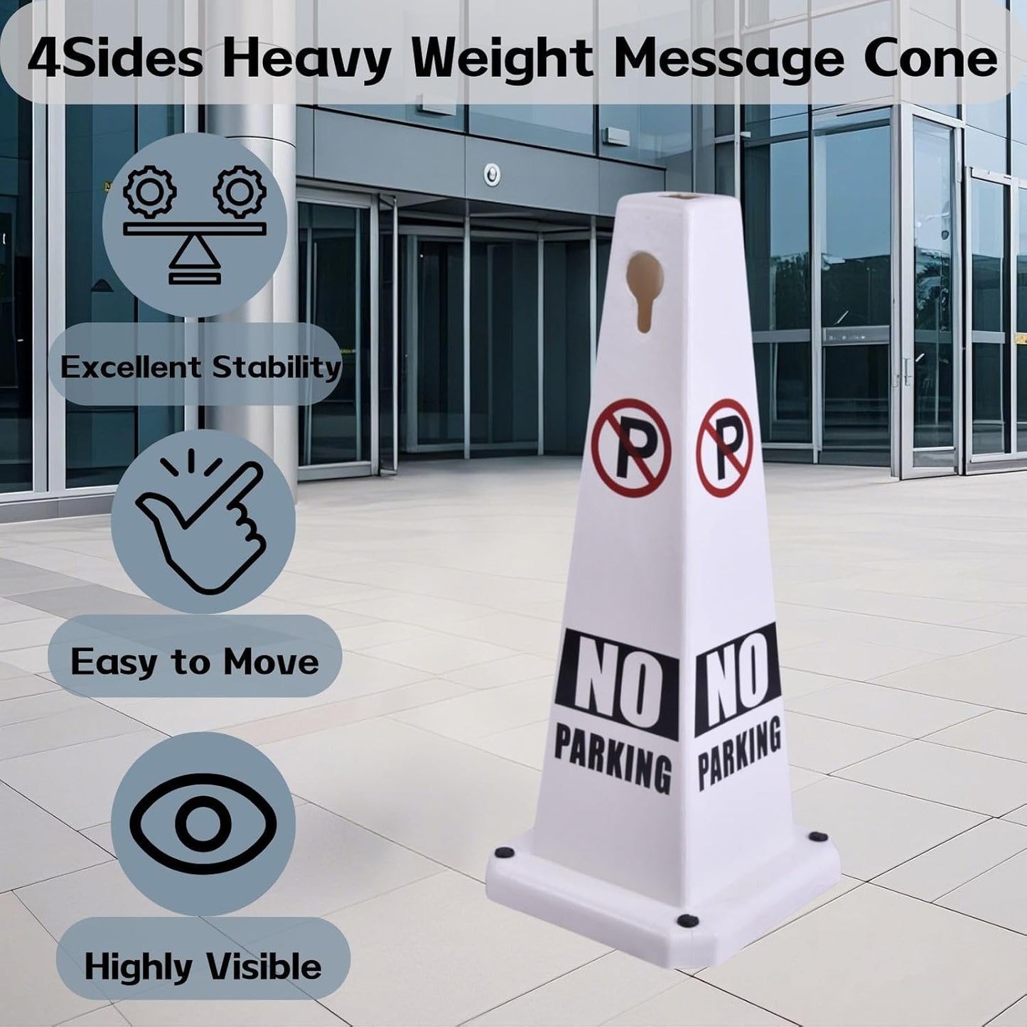 4-Pack 26.5" Caution Cones, 4-Sided Visible Safety Signs with Heavy Rubber Base, Warning for Slip & Fall Prevention, Indoor/Outdoor Use (White, 4Pcs-No Parking)