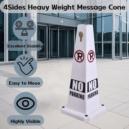 4-Pack 26.5" Caution Cones, 4-Sided Visible Safety Signs with Heavy Rubber Base, Warning for Slip & Fall Prevention, Indoor/Outdoor Use (White, 4Pcs-No Parking)