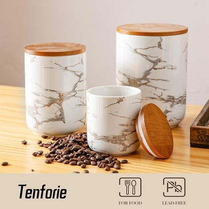 Ceramic Canister Set with Bamboo Airtight Lids, 3-Piece Kitchen Storage Jars (48oz, 30oz, 12oz) – White with Gold Marble Pattern, Glossy Finish, for Coffee, Sugar, Flour & More