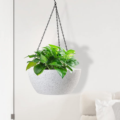 13 inch Large Hanging Planters Plant Pots for Outdoor Indoor Plants with Drainage Holes and Chain, 2 Pack Round Hanging Flower Pots for Garden Home Porch Decor, Speckled White