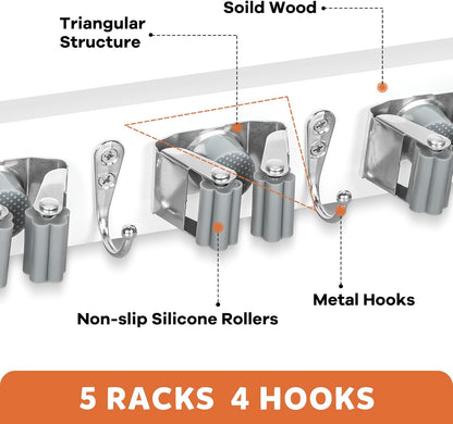 IMILLET Broom Holder Wall Mount, Wood Broom Holder with 5 Racks and 4 Hooks Broom Organizer, Laundry Room Organization and Storage, Mop Hanger for Home Organization, Garden, Garage, Closet (White)