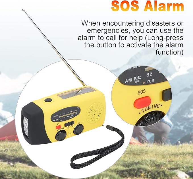 2000mAh Wind Up Radio, Portable Solar Emergency Radio with SOS Alarm, AM FM Weather and Torch, for Power Outage Camping Hiking (Yellow)