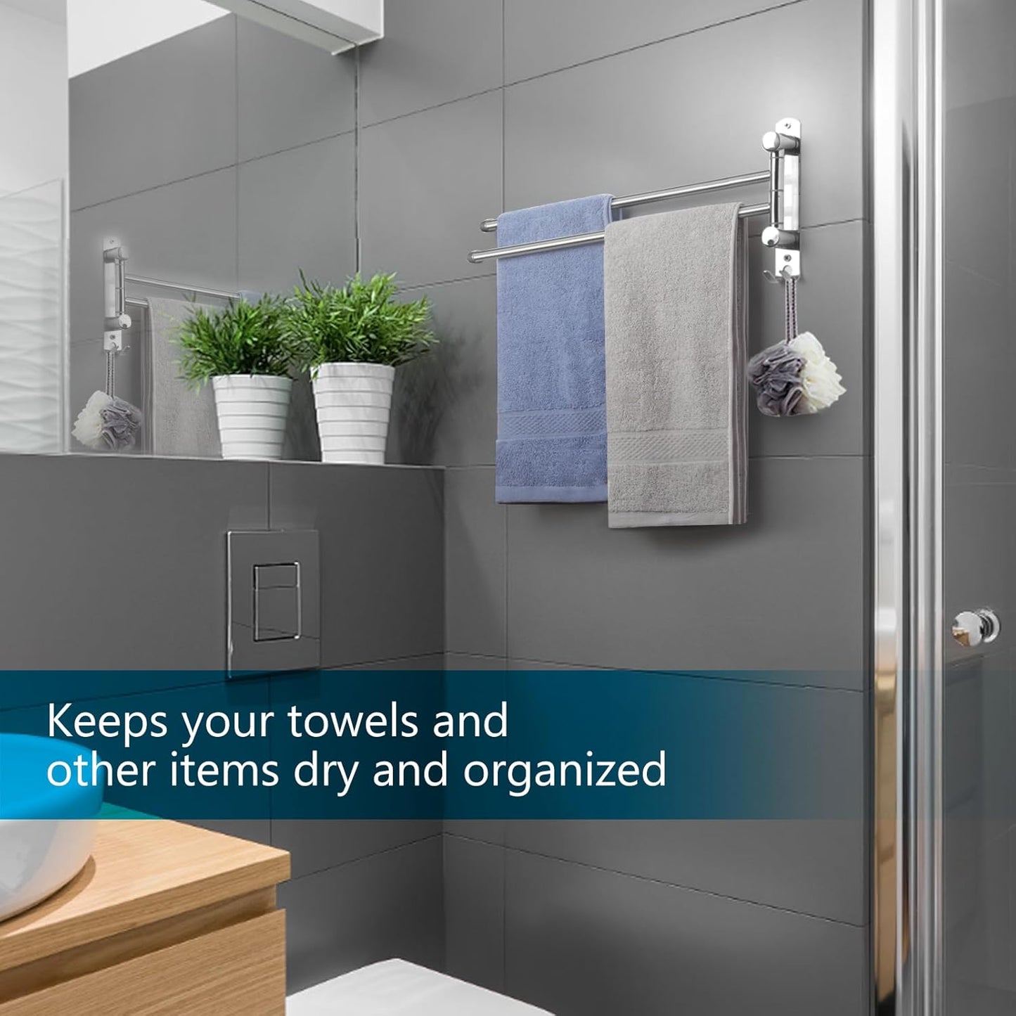 Wall Mounted Towel Rack JSVER 2 Arms Extended Swivel Towel Holder, SUS304 Stainless Steel Towel Racks for Bathroom, Kitchen