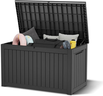 NUNU LAB 230 Gallon Large Resin Deck Box, Waterproof Outdoor Storage Box, Lockable Storage Bin for Patio Furniture, Garden Tools, Pool Accessories, UV-Resistant & All-Weather, Black