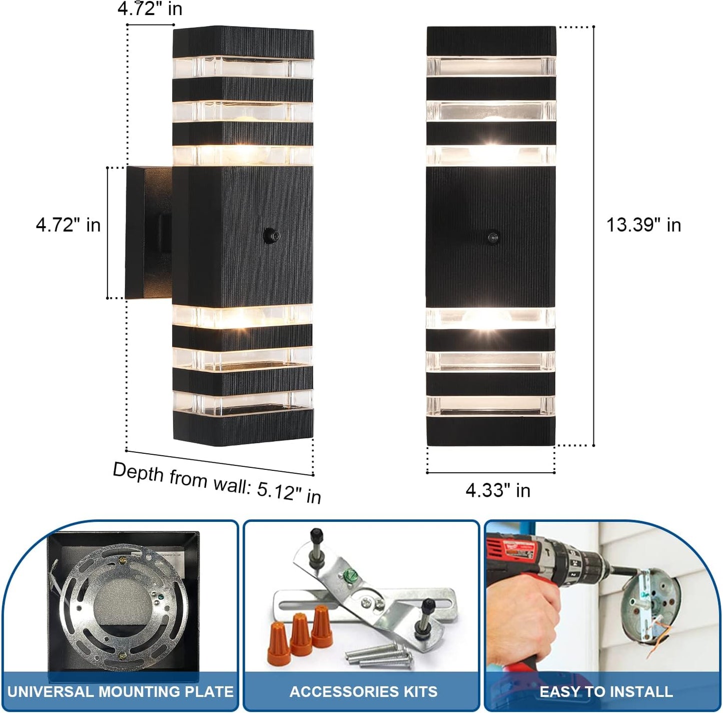 2PK Dusk to Dawn Sensor Outdoor Wall Lights Up Down Porch Lights Modern Exterior Light Fixtures Photocell Waterproof Black Aluminum Housing for Front Porch, Patio, Garage (Use Two E26 Bulbs)