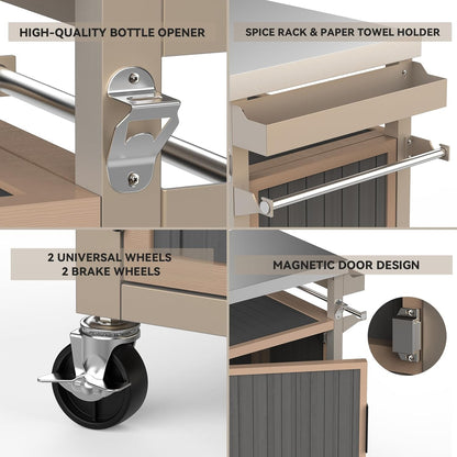 Skyflame Outdoor Grill Cart with Storage on Wheels, Rolling Kitchen Island with Stainless Steel Table Top, Multifunctional BBQ Food Prep Table with Magnetic Single Door for Patio Backyard Garden Deck