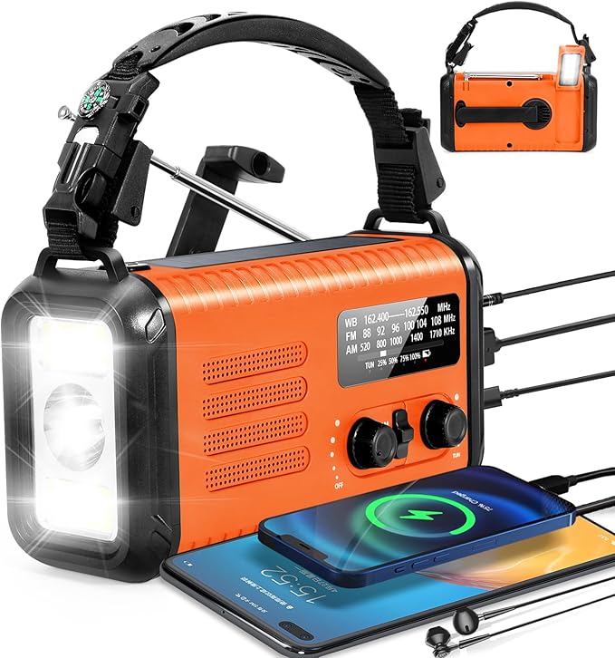 Hand Crank Emergency Radio, NOAA Weather Radio with AM/FM & Solar Radio, 20000mAh Rechargeable Battery Powered, Cell Phone Charging, 3 Modes Flashlight Reading Lamp, SOS Alarm for Emergency