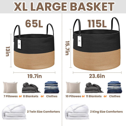 Woven Blanket Basket,115L Large Rope Storage Bin with Handles, Organizer for Blankets Toys Book and Clothes, Laundry Basket for Living Room Bedroom Nursery,Black&Jute