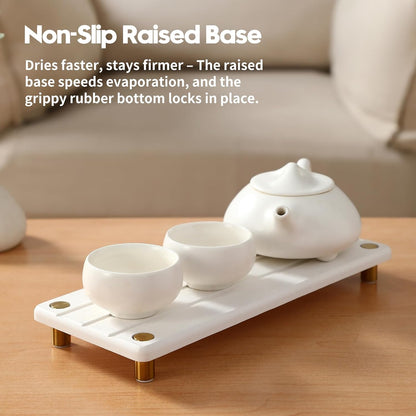 Instant Dry Sink Caddy Kitchen Sink Organizer, Quick Drying Diatomaceous Earth Stone Sink Tray Sponge Holder Soap Dish, Bathroom Countertop Vanity Dispenser Toothbrush, Gold White, 10" x 4"