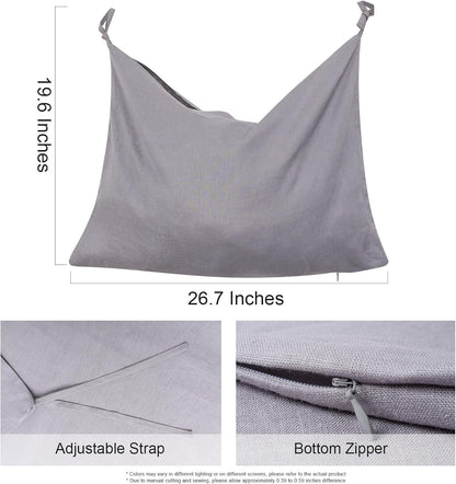 Hanging Linen Laundry Bag, 100% Pure Flax Linen Over The Door Hamper with Bottom Zipper for Laundry Room, Household Dirty Cloth Storage Organizer Bag, Gray