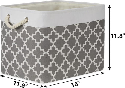 Bidtakay Large Fabric Storage Basket Set of 2 Collapsible Rectangle Basket for Shelves 16" X 11.8" X 11.8" Decorative Organizer Bins for Clothes Toys(White&Quatrefoil Grey)