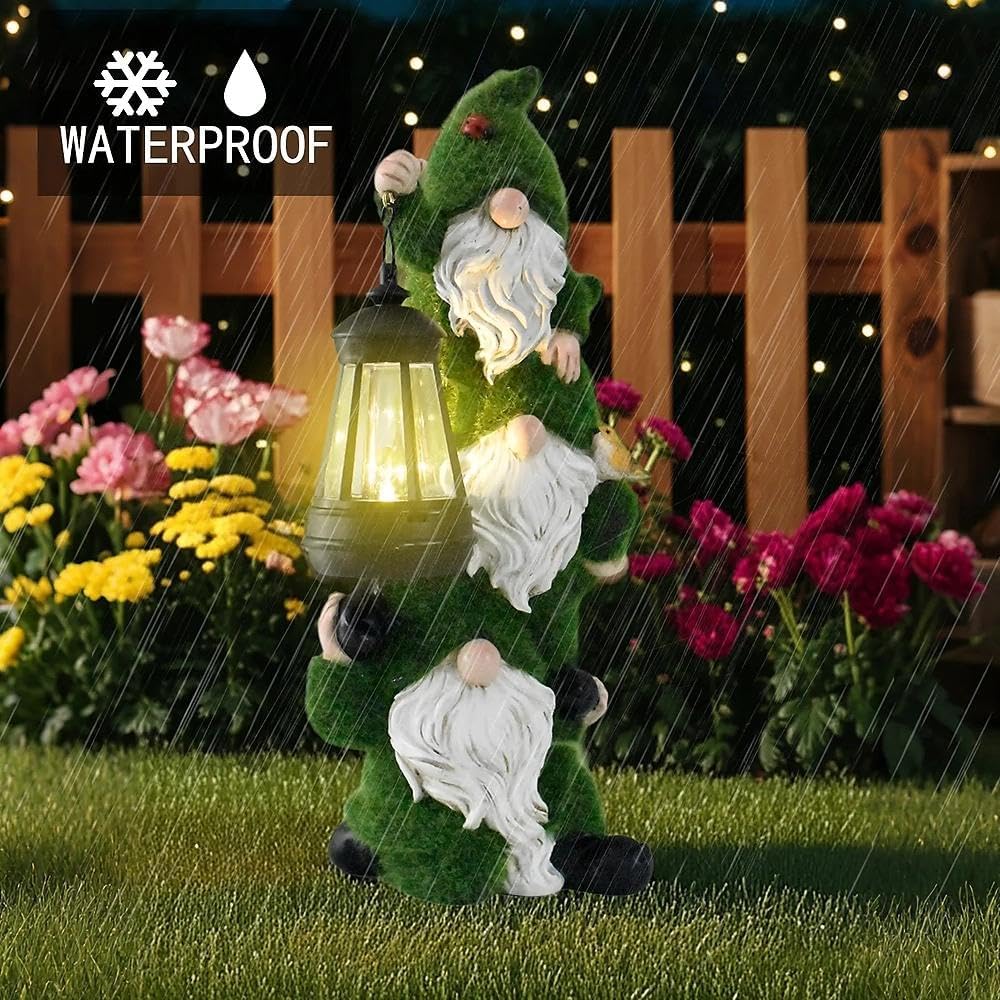 Solar Garden Three Gnome Statue Stacked Flocked with LED Light, Outdoor Waterproof Lawn Ornament Decor for Patio Lawn Yard Pathway Gift Idea for Women Mom Mothers Day