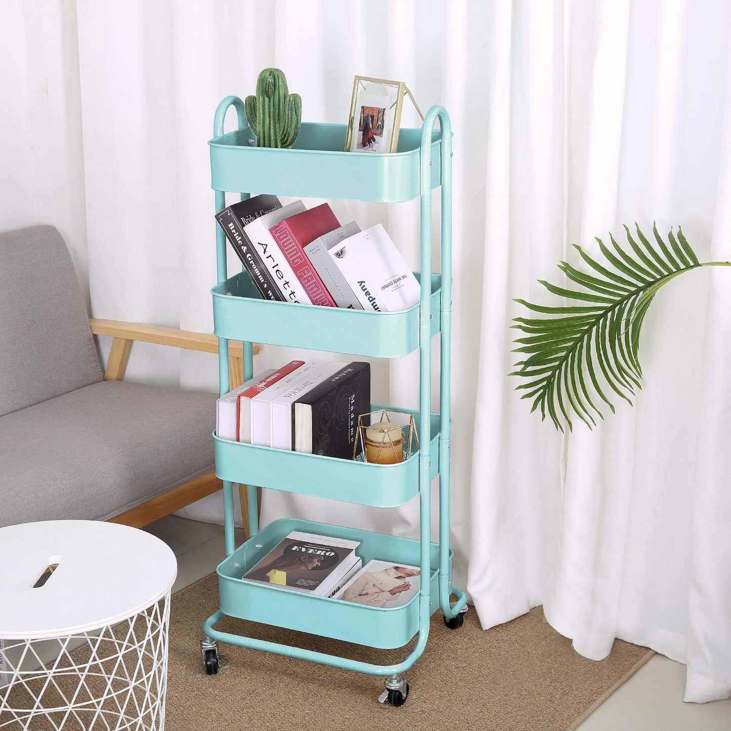 Melody House 4-Tier Metal Mesh Utility Rolling Cart Storage Organizer Shelf Rack with Lockable Wheels for Living Room Kitchen Office, Turquoise