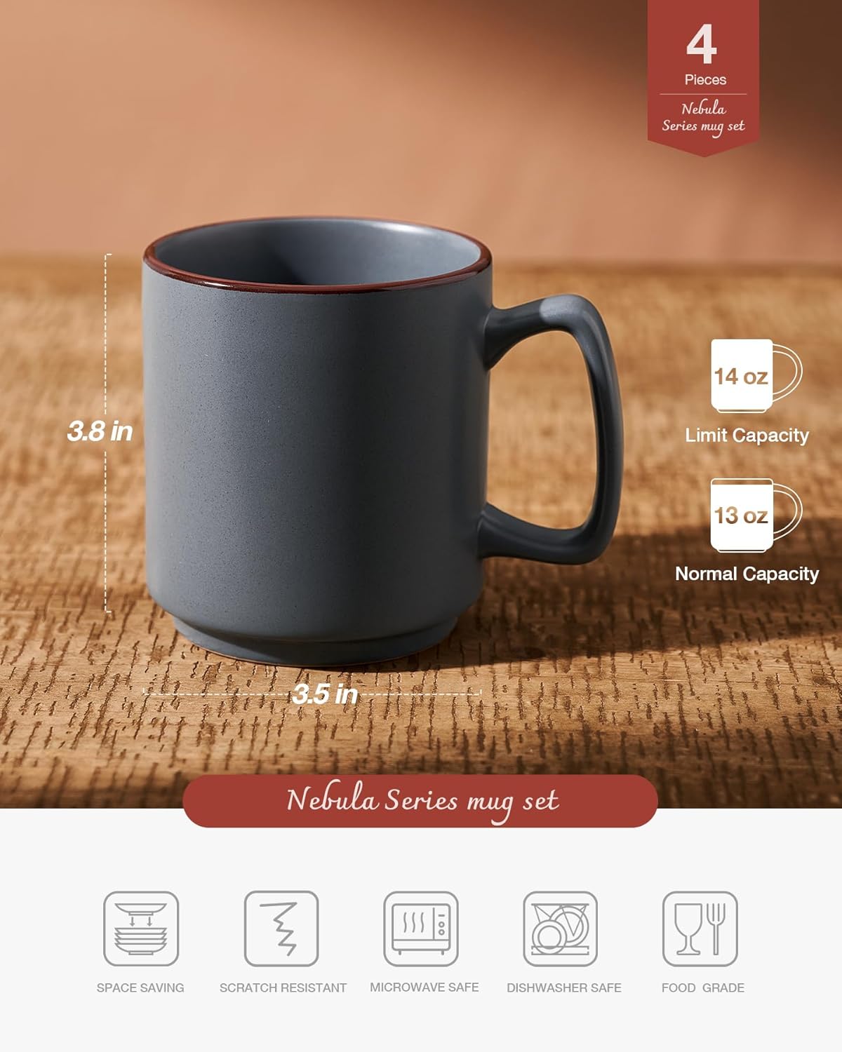 famiware Coffee Mugs Set of 4, Nebula 14oz Coffee Mugs, Ceramic Cup Set with Handle for Latte, Tea, Milk, Cappuccino, Cocoa, Charcoal