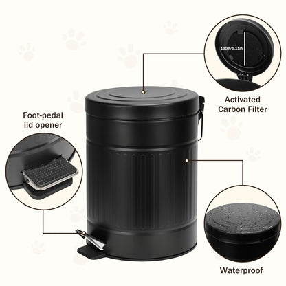 5L/1.3 Gal Dog Poop Trash Can with Lid - Stainless Steel Outdoor Pet Waste Bin, Step Pedal Soft Close Garbage Can for Backyard, Bathroom, Office - Odor Control, Farmhouse Retro Style (Black)
