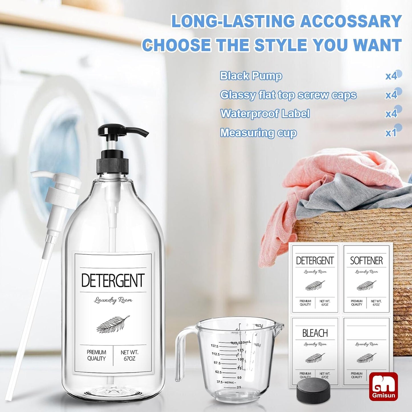 GMISUN Laundry Detergent Soap Dispenser, Liquid Laundry Detergent Dispenser, Container for Farmhouse Room Decor, Organizer for Liquid DetergentSoftenerBleach Storage Bottle(64 Oz Set of 4)